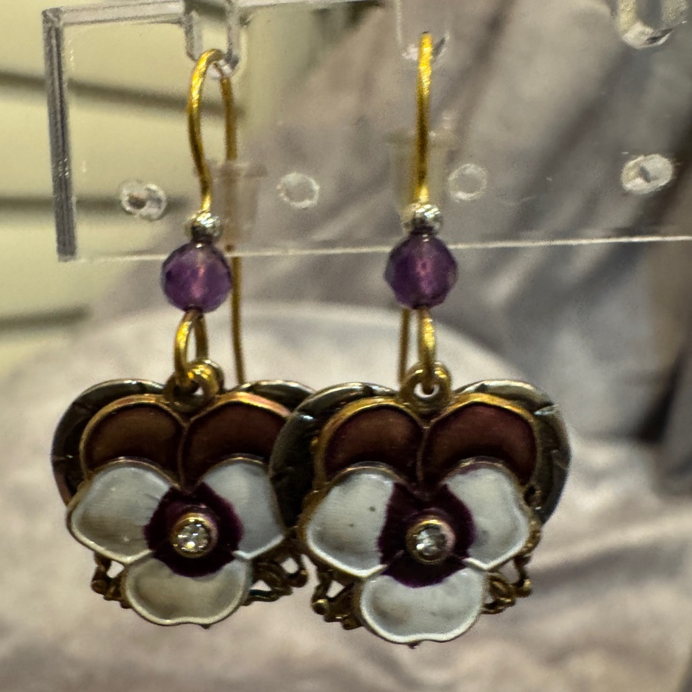 Silver Forest Floral Enamel Drop Earrings in Purple‎ and White Pierced